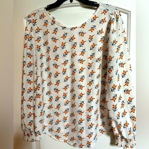 Loft White Floral Blouse with Ruffled Sleeves